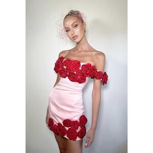 Atoir Pink Mini Dress with Red Rose Appliqués